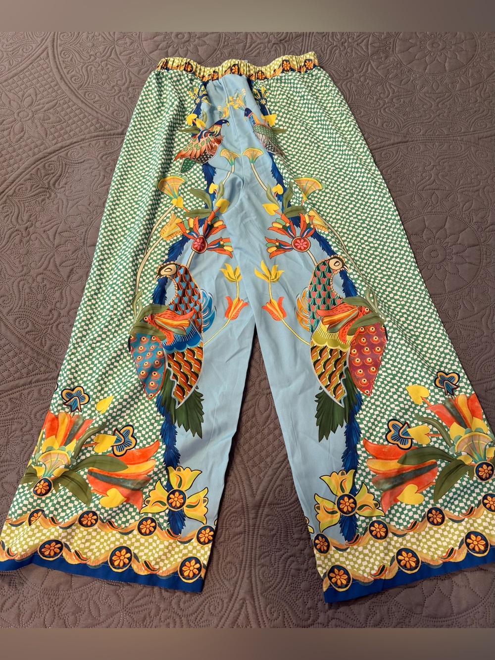 Wide-Leg Parrot Print Pants in Light Blue and Green - Picture 2 of 10